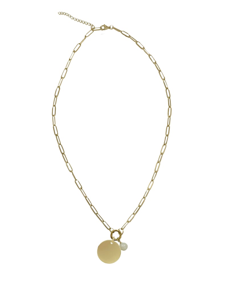 Front of a size 0 Treasure Paperclip Layering Charm Necklace in Gold by BAACAL. | dia_product_style_image_id:347093